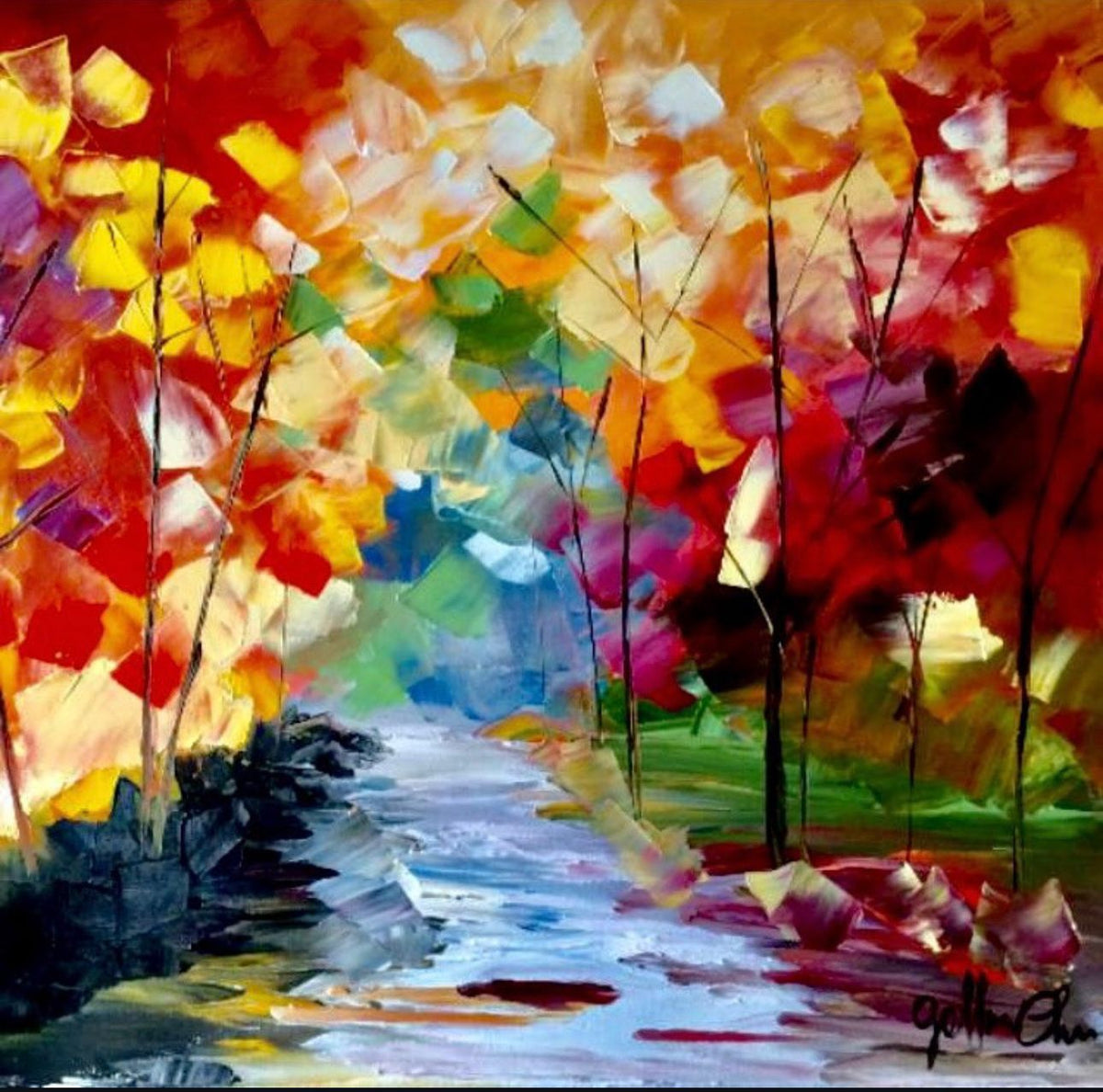 Dipinto a olio Dèjà vu 2 con paesaggio boschivo autunnale, 50×60 cm
