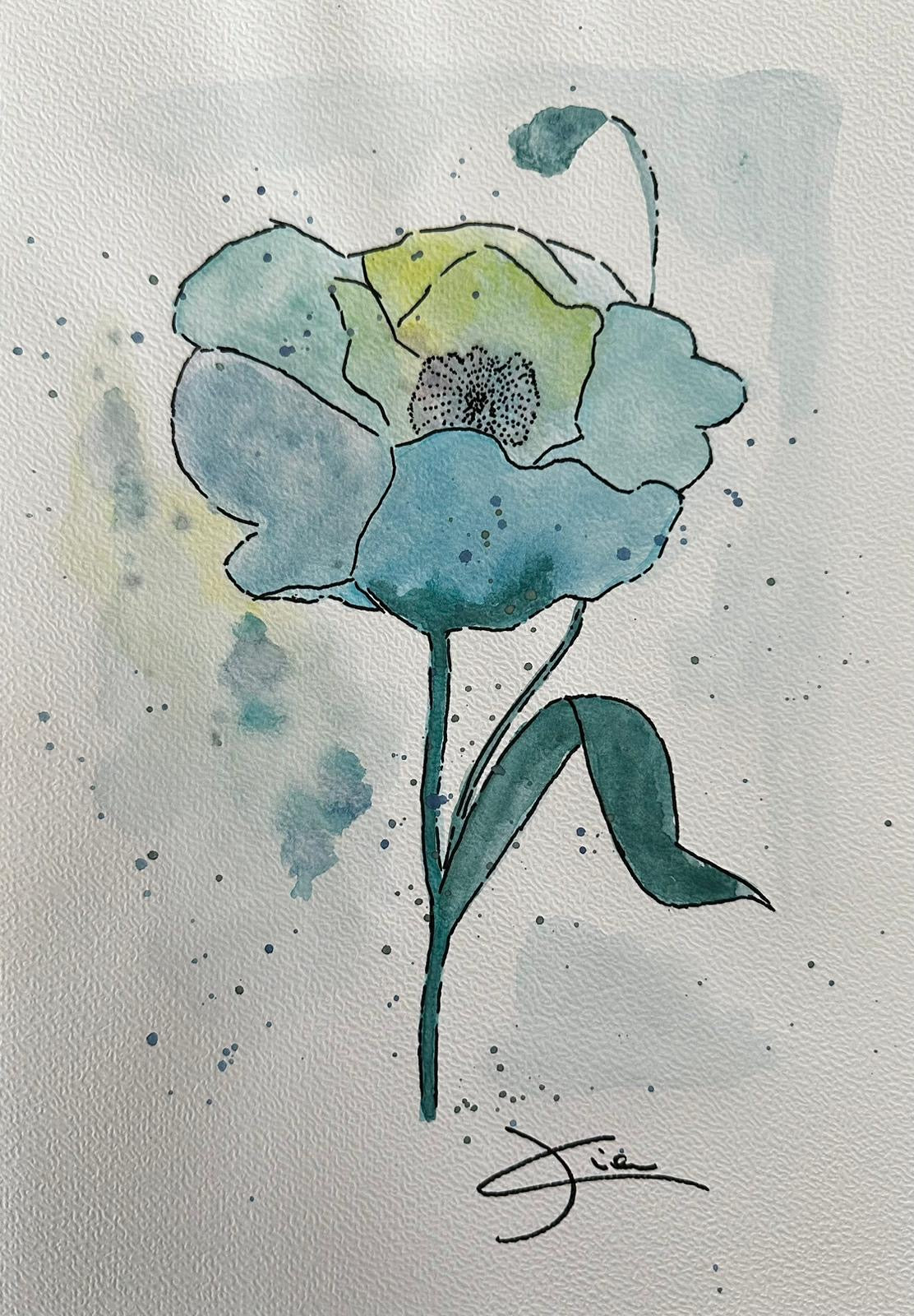 Acquarello A4 con grande fiore azzurro