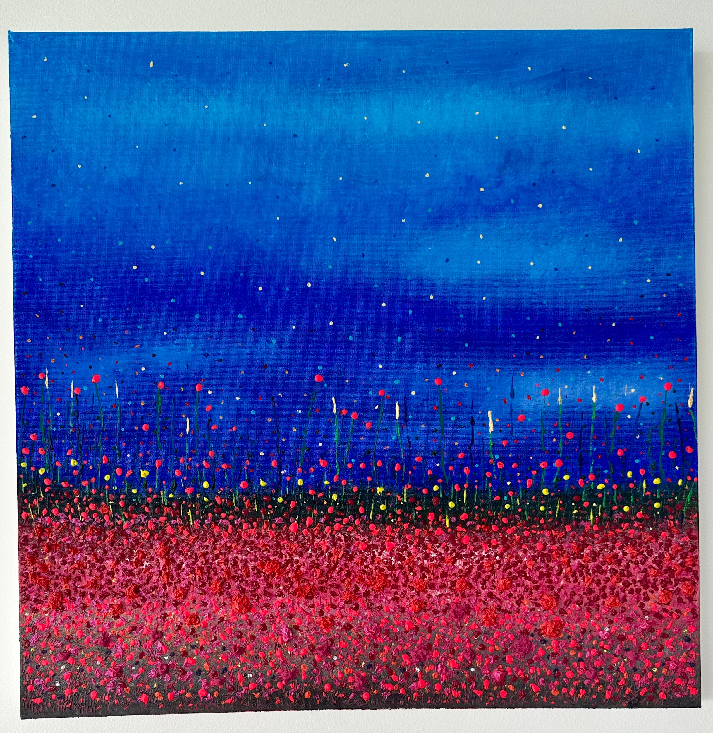 Dipinto acrilico con campo rosso fiorito e cielo blu