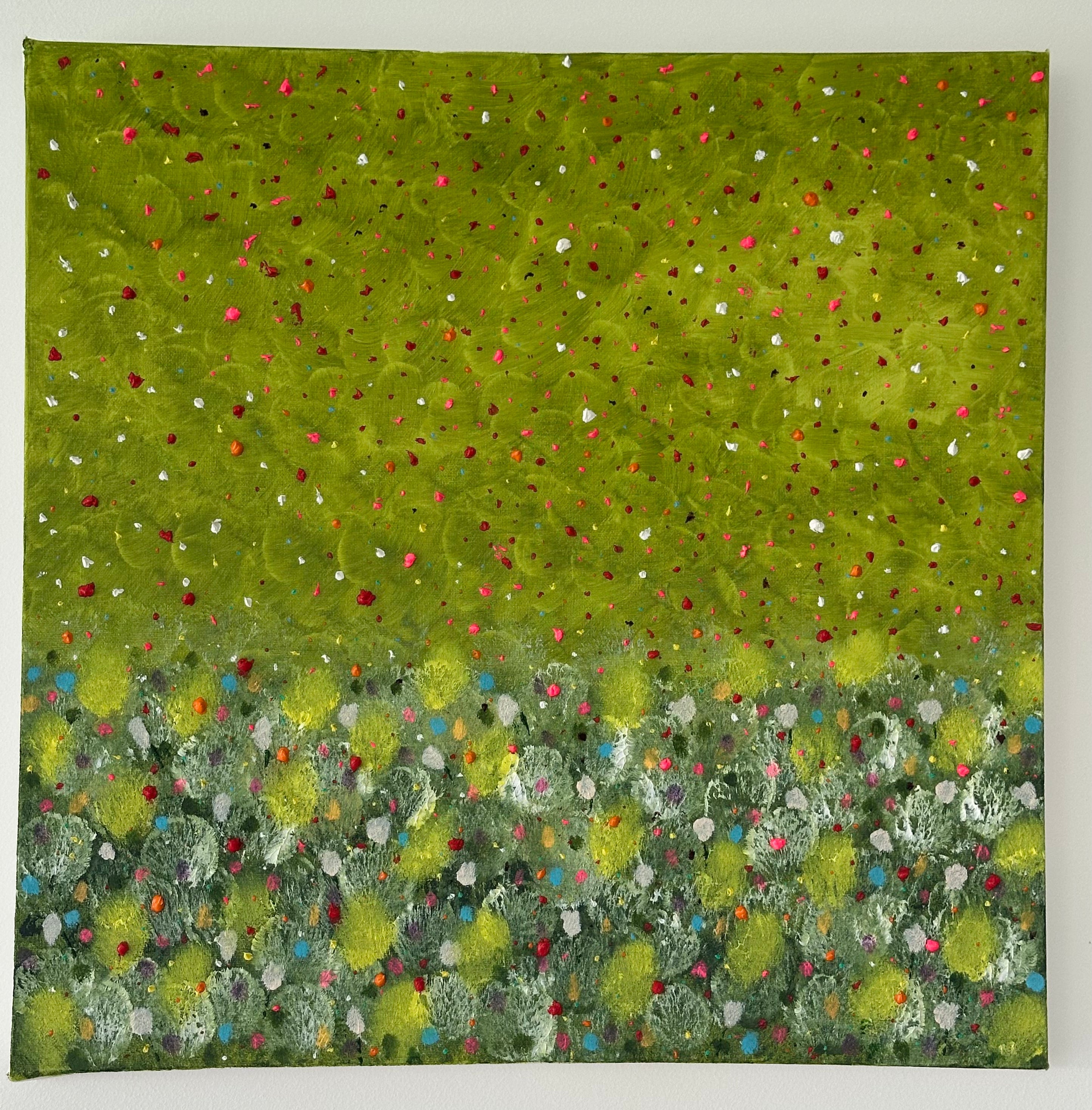 Dipinto acrilico 50×50 con prato verde e piccoli fiori