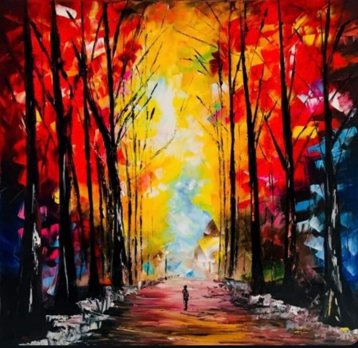 Dipinto a olio Dèjà vu con bosco rosso e dorato, 50×50 cm