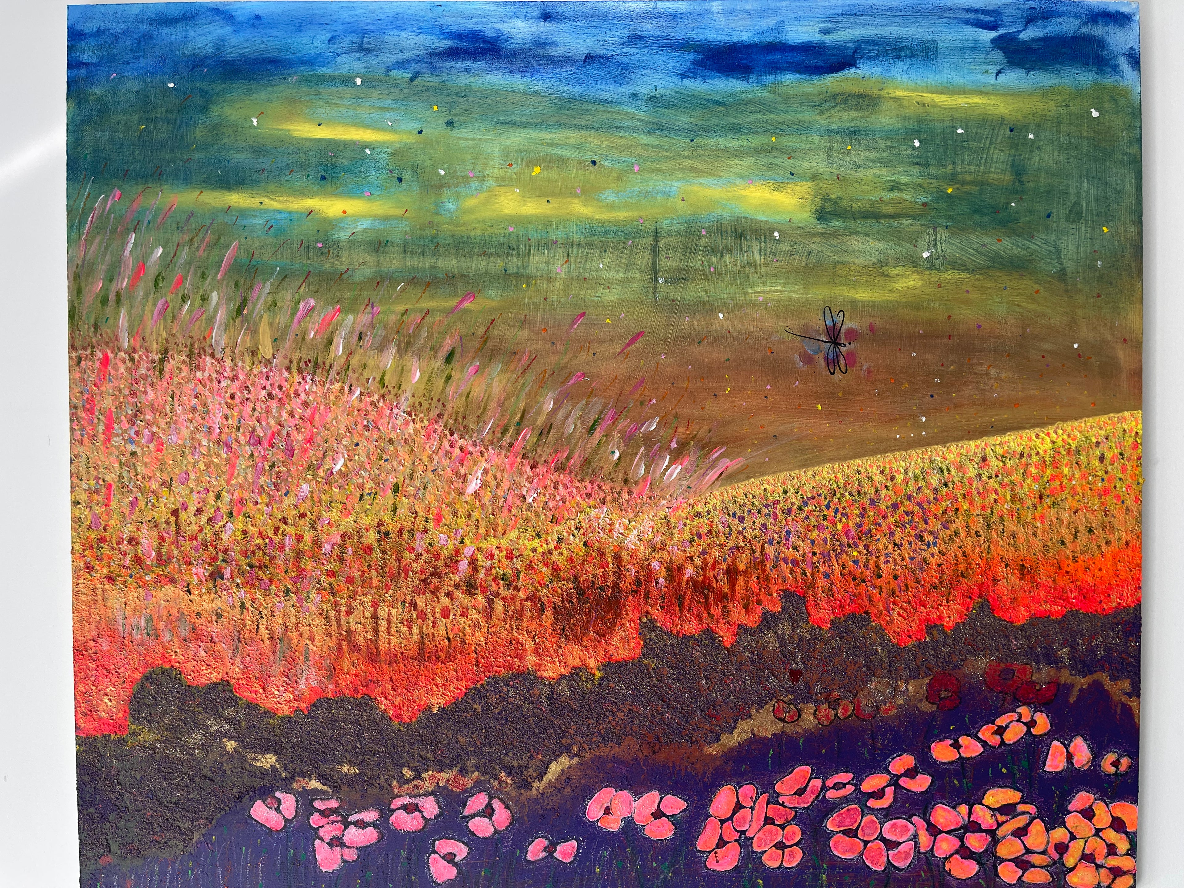 Dipinto Dragonfly su legno con paesaggio dai colori intensi, 81×95 cm