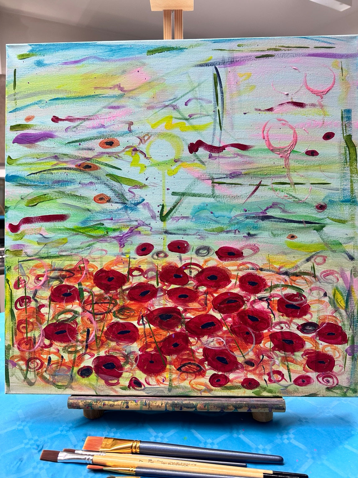 Campo di Papaveri – dipinto astratto originale in acrilico 50 × 50 cm