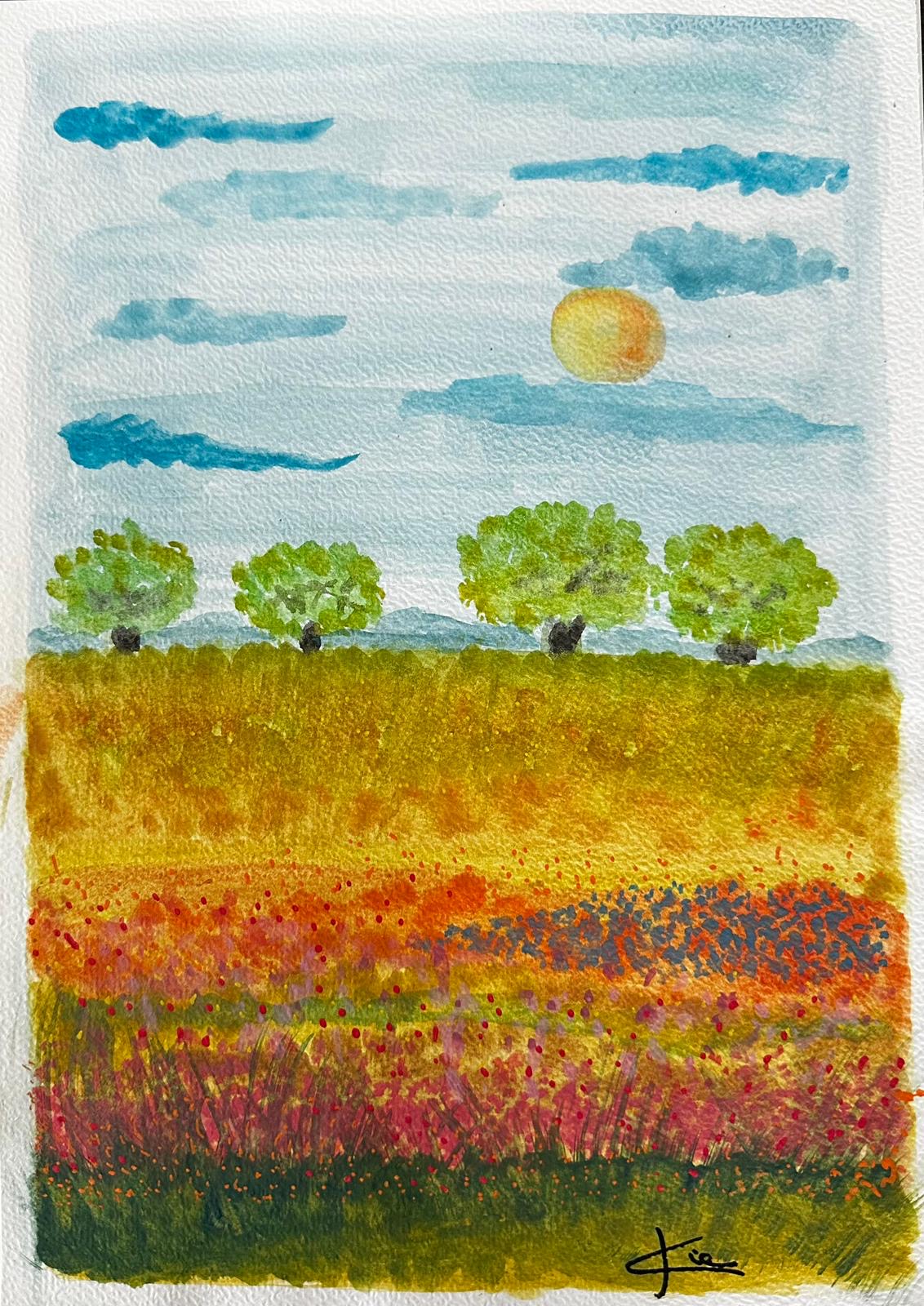 Acquarello A4 con campo colorato, alberi e sole