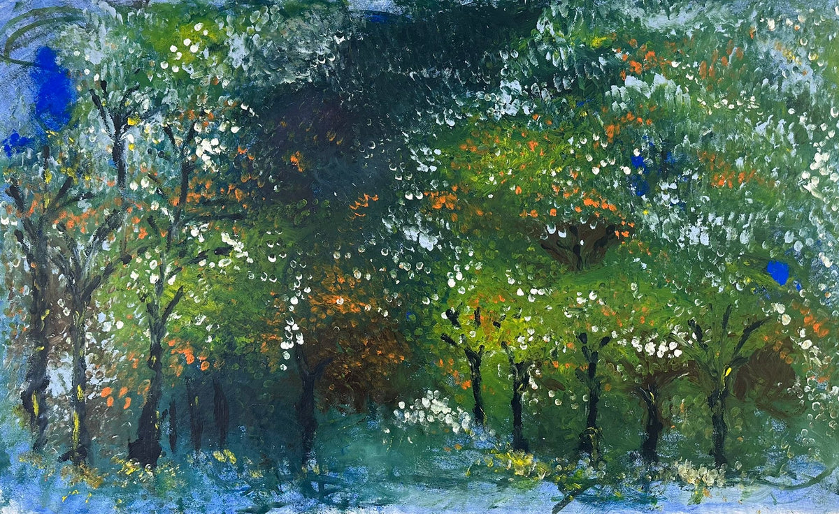 Dipinto acrilico Vincent con paesaggio boschivo verde, 92×150 cm